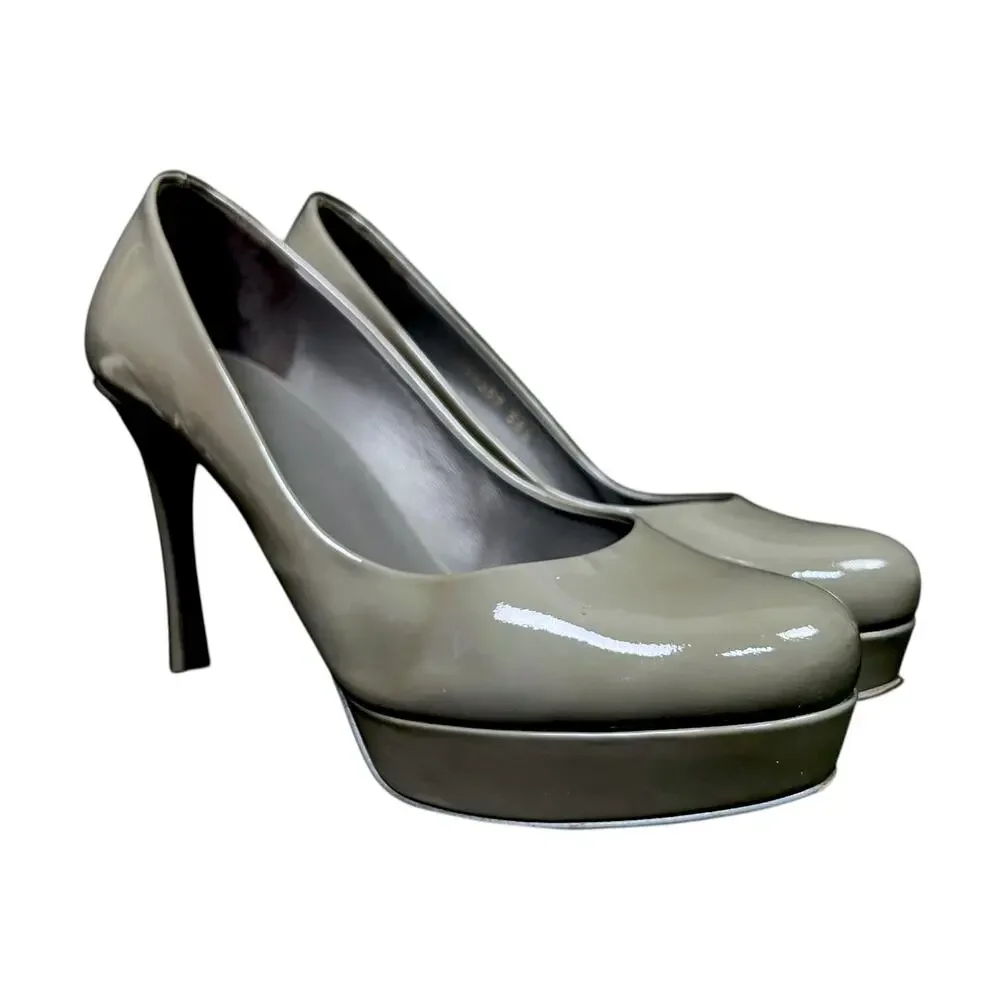 YSL Saint Laurent Paris Women's 38.5 Olive Gray Patent Leather Pumps Heels - Picture 2 of 8